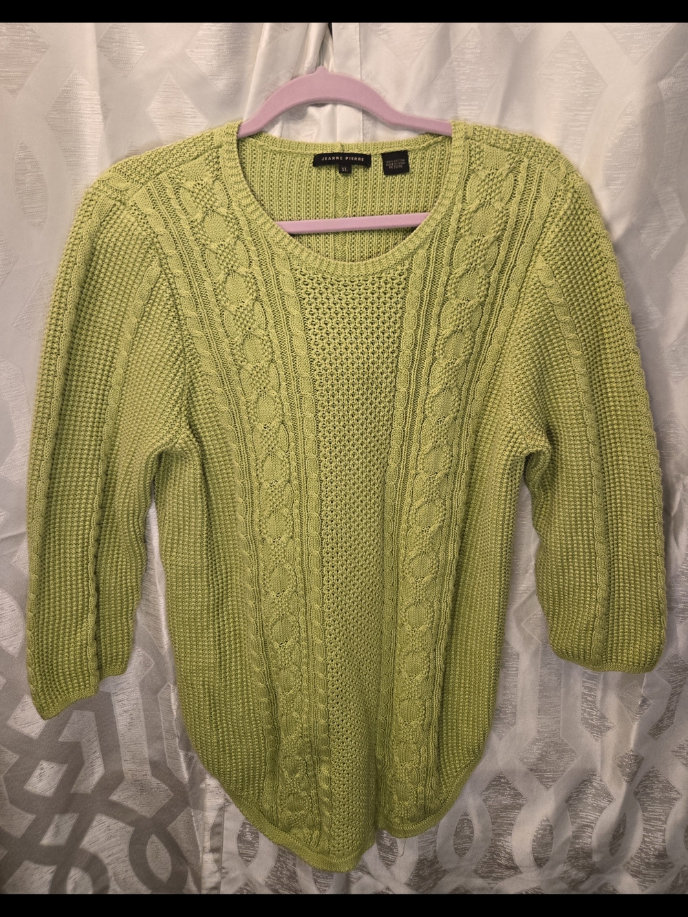 JEANNE PIERRE Lime Green Cable Knit Scoop Neck Sweater 100% Cotton